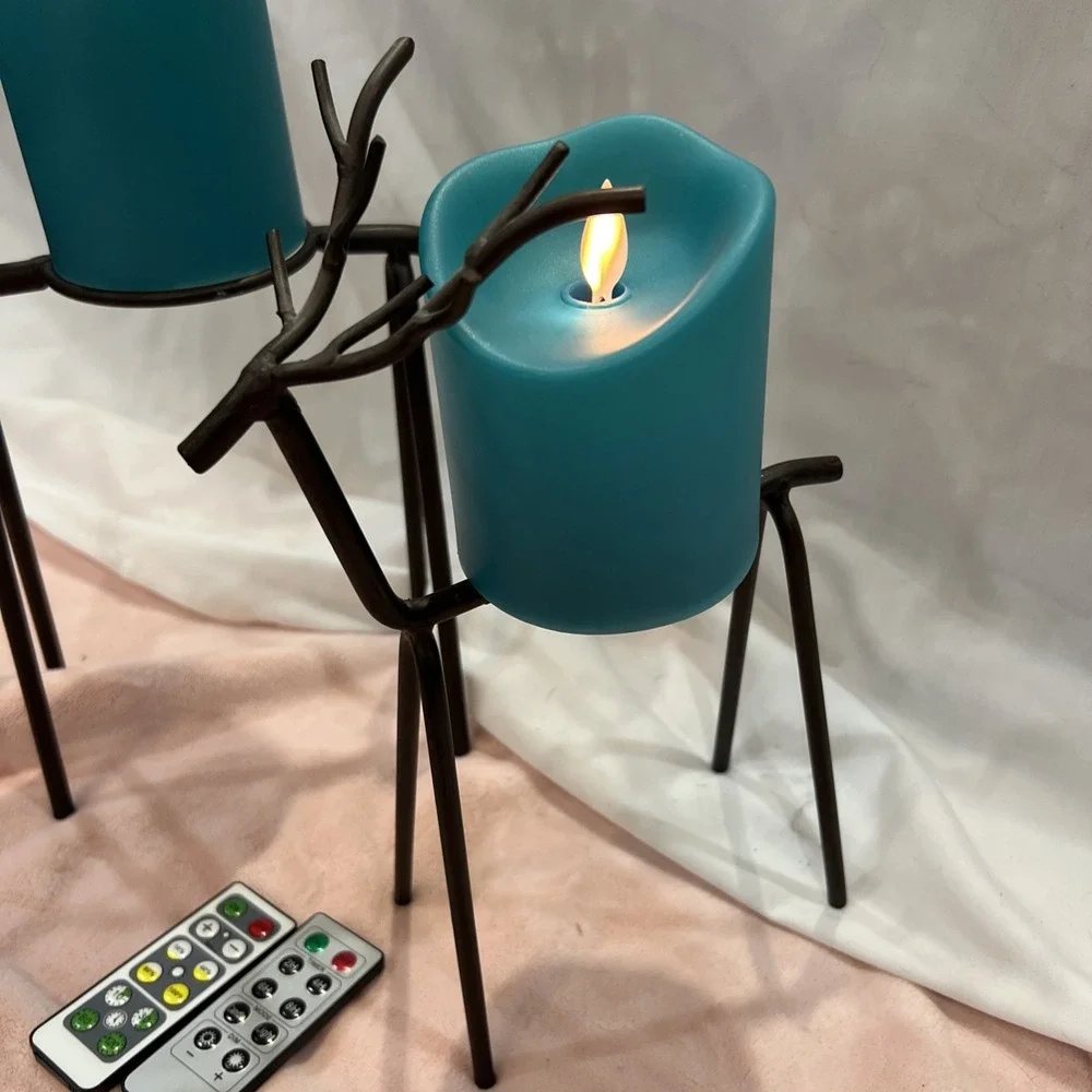 2 Reindeer Candle Holders Standing‎ Iron Metal with flames less remote candles